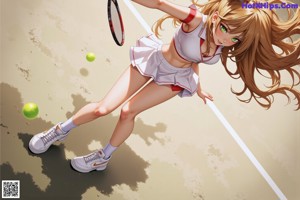 A woman in a bikini top and skirt posing on a tennis court.