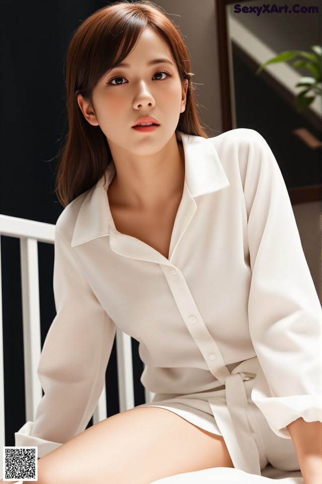 a woman sitting on top of a white chair