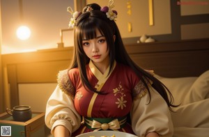 A woman in a green and gold outfit posing for a picture.