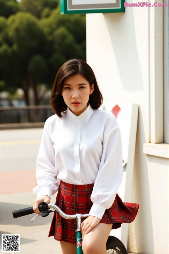 A woman in a white shirt and red plaid skirt riding a bike.