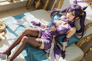 A woman in a purple outfit is posing for a picture.