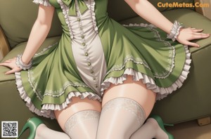 A woman in a green dress and white stockings posing for a picture.
