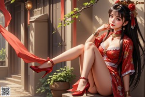 A woman in a red dress and high heels leaning against a door.