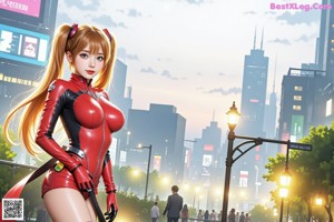 A woman in a red and white outfit is standing in the middle of a city.