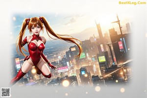 A woman in a red bodysuit is standing in the middle of a city.