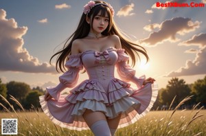 a woman in a pink dress and stockings posing for a picture