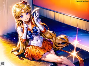 A woman in a sailor outfit sitting on the ground.