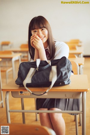 A collage of photos of a girl in a school uniform.