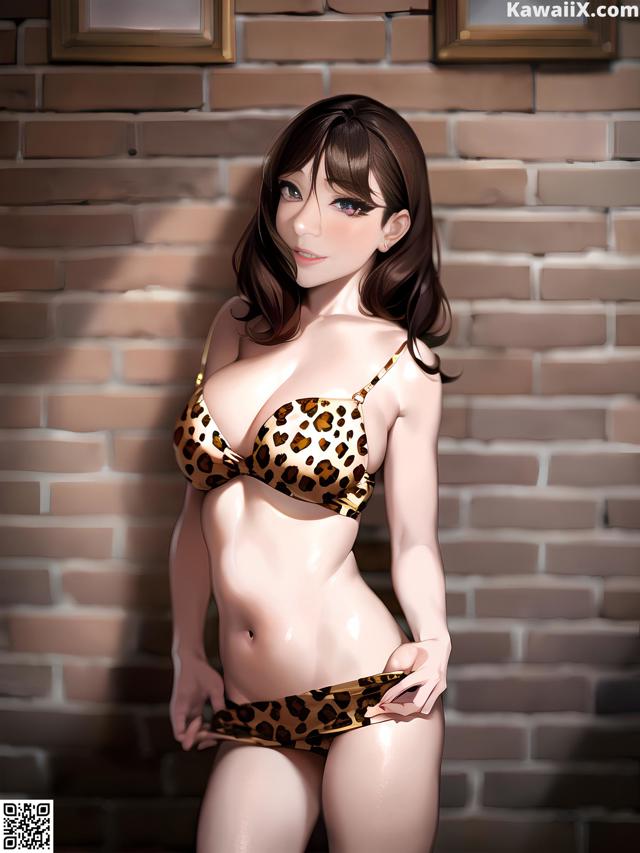 A woman in a leopard print bikini standing in front of a brick wall.