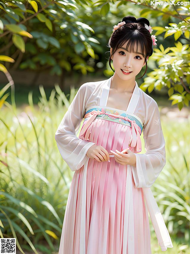 A woman in a pink and white hanbok standing in a field.