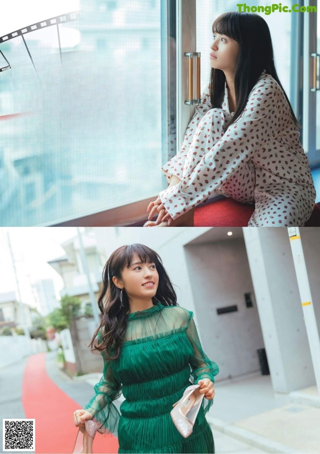 A woman in a green dress sitting on a window sill.